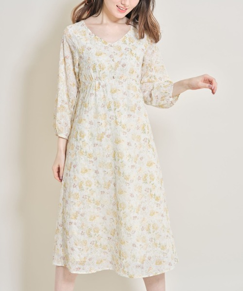 ウエストりぼん付きくるみ飾り釦フラワーエンブロイダリー フラワープリントワンピース ワンピース クローゼット のファッション Tocco Tocco Closet トッコ