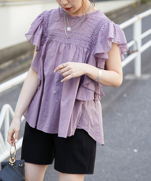 Chico（チコ）の「ピンタック肩フリルシアーブラウス（シャツ/ブラウス・レディース・ホワイト/ブラック/パープル/ピンク・FREE）」の3枚目の写真