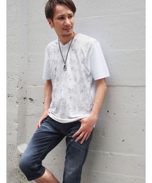 NICOLE CLUB FOR MEN | ボタニカル風柄切り替え半袖Tシャツ(Tシャツ/カットソー)