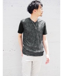 NICOLE CLUB FOR MEN | ボタニカル風柄切り替え半袖Tシャツ(Tシャツ/カットソー)