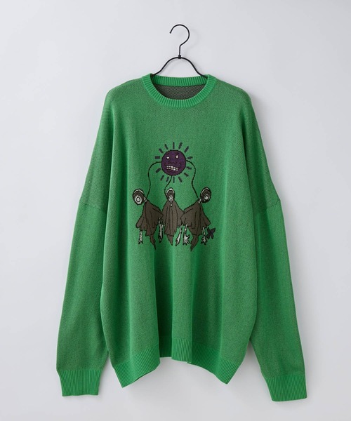 anown（アノン）の「クルーネック　配色ジャカード 編み セーター【インフルエンサー よん×anown 限定コラボ】（ニット/セーター・メンズ・ホワイト/ブラック/ライトグリーン・S/M/L）」の8枚目の写真