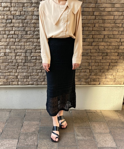 Loco Ocean(ロコオーシャン)の「鍵編み風透かし編みマーメイドシルエット ニットレーススカート(スカート・レディース・ブラック/ベージュ/ピンク・FREE)」の4枚目の写真