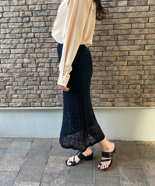 Loco Ocean(ロコオーシャン)の「鍵編み風透かし編みマーメイドシルエット ニットレーススカート(スカート・レディース・ブラック/ベージュ/ピンク・FREE)」の5枚目の写真