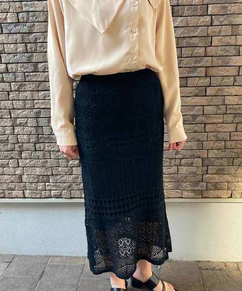 Loco Ocean(ロコオーシャン)の「鍵編み風透かし編みマーメイドシルエット ニットレーススカート(スカート・レディース・ブラック/ベージュ/ピンク・FREE)」の7枚目の写真