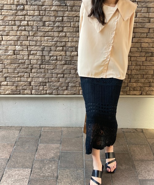 Loco Ocean(ロコオーシャン)の「鍵編み風透かし編みマーメイドシルエット ニットレーススカート(スカート・レディース・ブラック/ベージュ/ピンク・FREE)」の9枚目の写真
