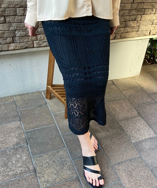 Loco Ocean(ロコオーシャン)の「鍵編み風透かし編みマーメイドシルエット ニットレーススカート(スカート・レディース・ブラック/ベージュ/ピンク・FREE)」の10枚目の写真