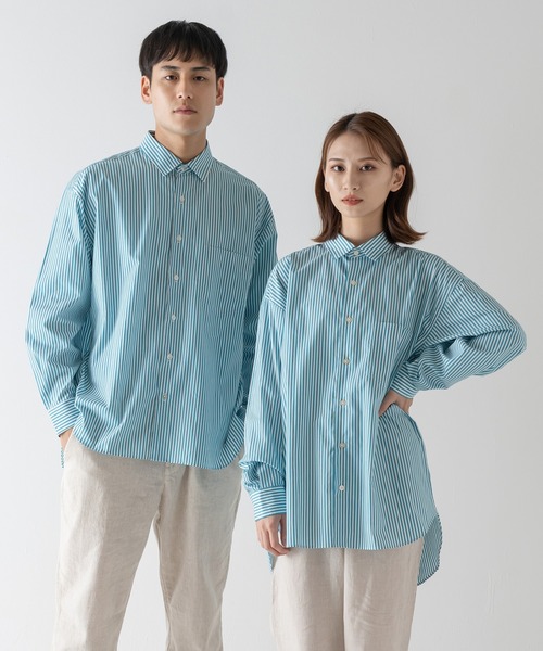 BRICK & SONS(ブリックアンドサンズ)の「リラックスバックプリーツシャツ<ターコイズストライプ>(シャツ/ブラウス・メンズ・エメラルド・LL/S/M/L)」の1枚目の写真