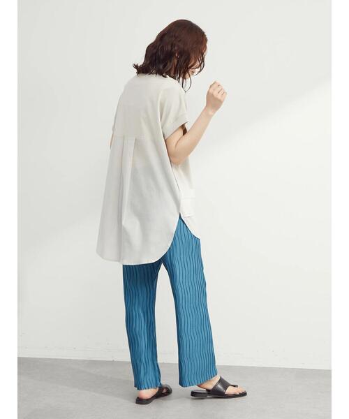 Green　Parks（グリーンパークス）の「フレンチスリーブ布帛ドッキング切替チュニック（Tシャツ/カットソー・レディース・ブラック/ホワイト/グレー/ブルー・FREE）」の19枚目の写真