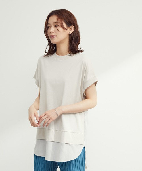 Green　Parks（グリーンパークス）の「フレンチスリーブ布帛ドッキング切替チュニック（Tシャツ/カットソー・レディース・ブラック/ホワイト/グレー/ブルー・FREE）」の3枚目の写真