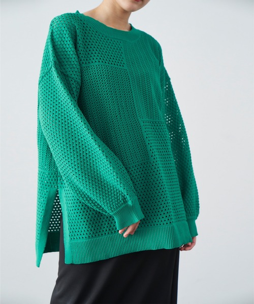 RANAN（ラナン）の「メッシュ素材透かし編みニット（ニット/セーター・レディース・ブラック/ライトベージュ/グリーン・M/L/LL）」の3枚目の写真