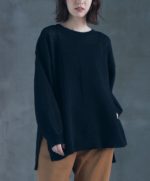 RANAN（ラナン）の「メッシュ素材透かし編みニット（ニット/セーター・レディース・ブラック/ライトベージュ/グリーン・M/L/LL）」の16枚目の写真