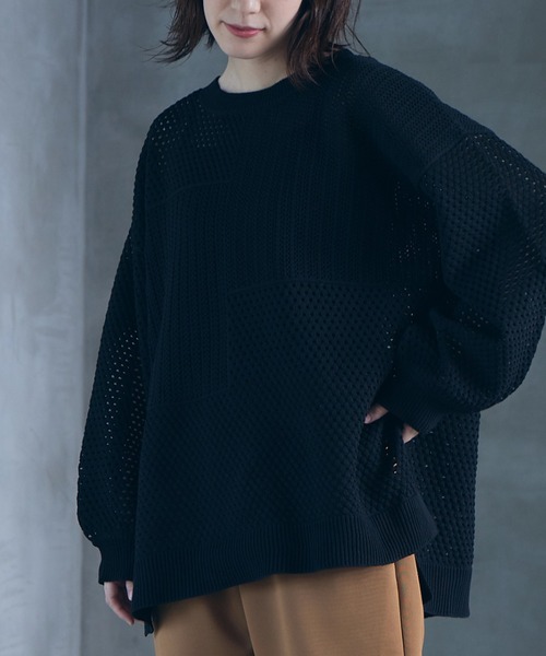 RANAN（ラナン）の「メッシュ素材透かし編みニット（ニット/セーター・レディース・ブラック/ライトベージュ/グリーン・M/L/LL）」の17枚目の写真