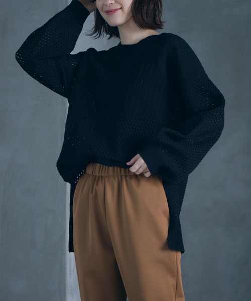 RANAN（ラナン）の「メッシュ素材透かし編みニット（ニット/セーター・レディース・ブラック/ライトベージュ/グリーン・M/L/LL）」の22枚目の写真
