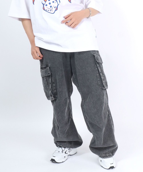Salong hameu(サロン ハミュー)の「ケミカルウォッシュデニムワイドカーゴパンツ メンズ レディース ユニセックス(カーゴパンツ・メンズ・ブラック系その他/ケミカルウォッシュ・M/L)」の3枚目の写真