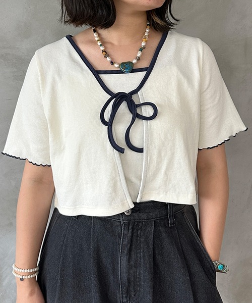 kutir（クティール）の「配色リボンキャミカーデ（カーディガン/ボレロ・レディース・杢グレー/アイボリー/ブラック・FREE）」の2枚目の写真