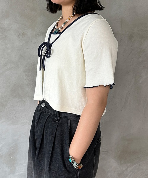 kutir（クティール）の「配色リボンキャミカーデ（カーディガン/ボレロ・レディース・杢グレー/アイボリー/ブラック・FREE）」の7枚目の写真