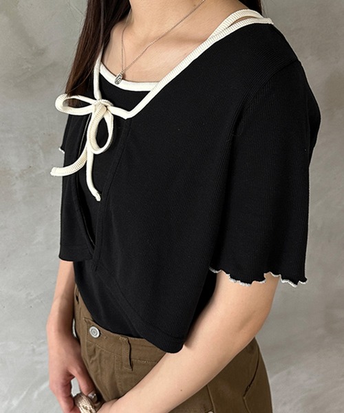 kutir（クティール）の「配色リボンキャミカーデ（カーディガン/ボレロ・レディース・杢グレー/アイボリー/ブラック・FREE）」の6枚目の写真