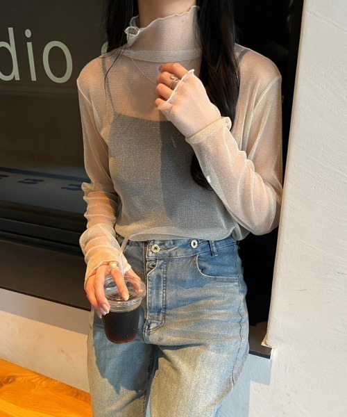 nemne store(ネンネストア)の「【低身長サイズあり】アソート柄シアー指あきロンT(Tシャツ/カットソー・レディース・アイボリー/ブラック系/ブルー/アイボリー系/グリーン/グレー・SMALL/MEDIUM)」の13枚目の写真