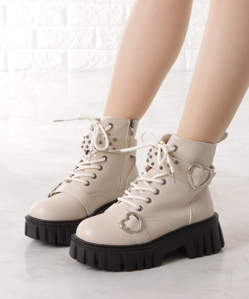 セール】レザー調スタッズ付きレースアップショートブーツ（ブーツ