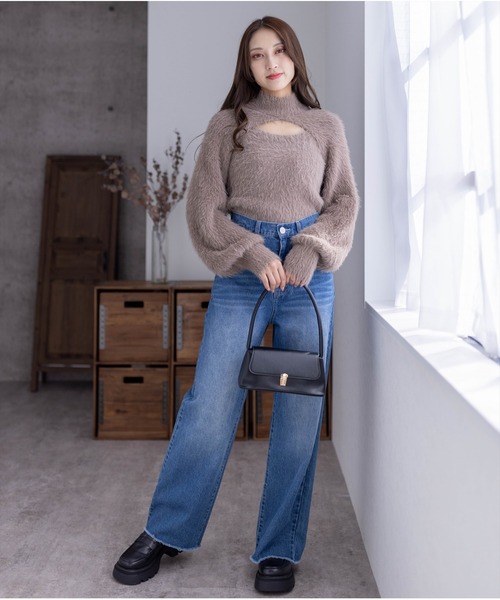 clear（クリア）の「レイヤードフェザーショートニットトップス（ニット/セーター・レディース・アイボリー/モカ/オフホワイト・F）」の21枚目の写真