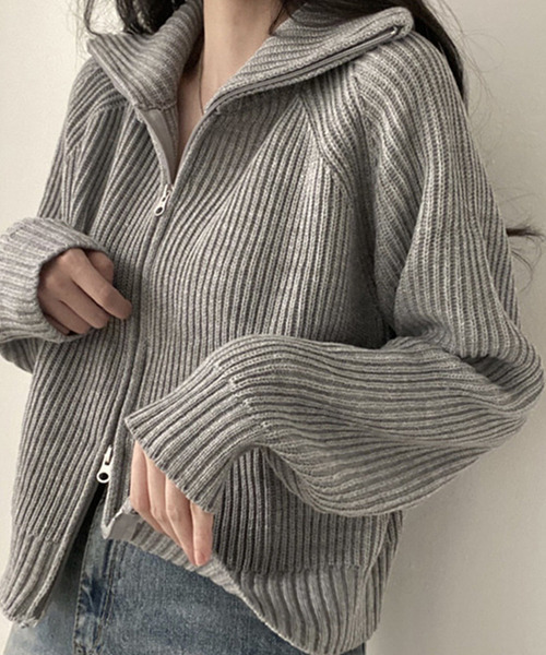 c.u.l（シーユーエル）の「ダブルジップ リブニットカーディガン culw624（カーディガン/ボレロ・レディース・グレー/アイボリー/ブラック・FREE）」の3枚目の写真