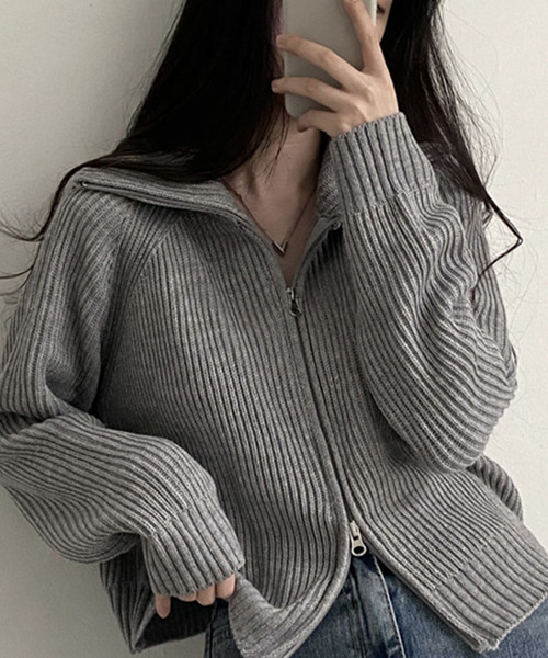 c.u.l（シーユーエル）の「ダブルジップ リブニットカーディガン culw624（カーディガン/ボレロ・レディース・グレー/アイボリー/ブラック・FREE）」の6枚目の写真