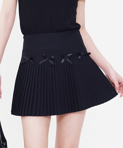 Chick(チック)の「▲Ribbon Pleats Mini Skirt / リボンプリーツミニスカート(スカート・レディース・チャコールグレー/ブラック/ホワイト・S/M)」の1枚目の写真