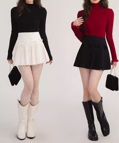 Chick(チック)の「▲Ribbon Pleats Mini Skirt / リボンプリーツミニスカート(スカート・レディース・チャコールグレー/ブラック/ホワイト・S/M)」の4枚目の写真