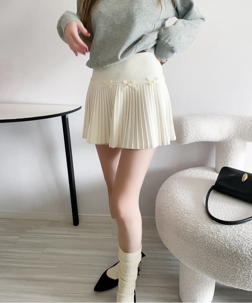 Chick(チック)の「▲Ribbon Pleats Mini Skirt / リボンプリーツミニスカート(スカート・レディース・チャコールグレー/ブラック/ホワイト・S/M)」の9枚目の写真