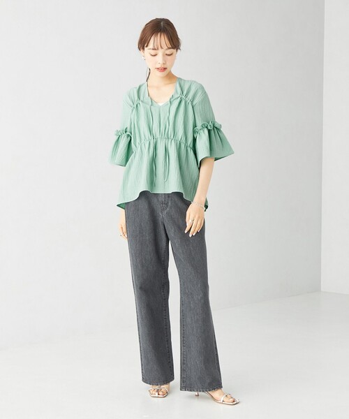 ✨希少✨美品✨ エストネーション ブラウス ギャザー フリル Vネック キャメル EMMEL REFINES（エメルリファインズ）の「＜EMMEL REFINES＞EM