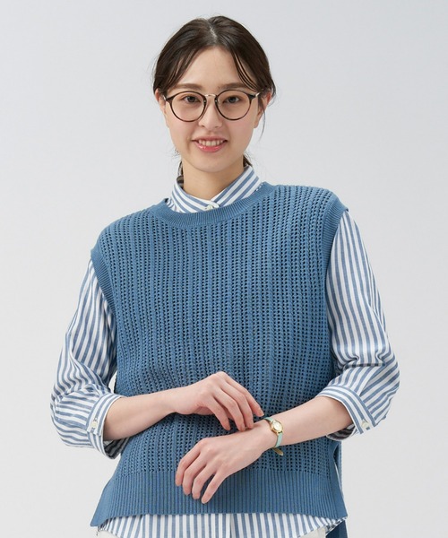 Pitta Re:)（ピッタリ）の「綿100% Wガーゼ スタンドカラー 七分袖カジュアルシャツ（シャツ/ブラウス・レディース・ネイビー×ホワイト・LL/L/M/S）」の6枚目の写真