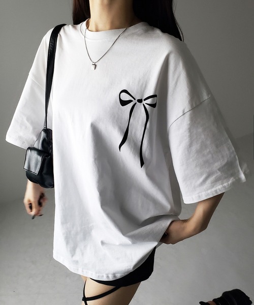 3color 】半袖リボンプリントバレエコアビッグTシャツ ／ short