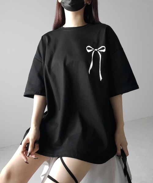 me+em select(ミームセレクト)の「※※【 3color 】半袖リボンプリントバレエコアビッグTシャツ / short sleeve ribbon print ballet core big Tee(Tシャツ/カットソー・レディース・ブラック/グレー/ホワイト・FREE)」の2枚目の写真
