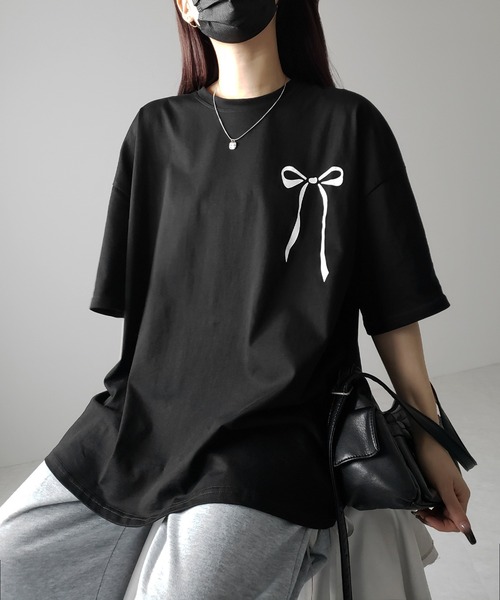 Tシャツ(半袖/袖なし) FICTION TOKYO Ribbon Bustier+Big T 3color 】半袖リボンプリントバレエコアビッグTシャツ ／ short