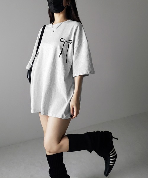 3color 】半袖リボンプリントバレエコアビッグTシャツ ／ short