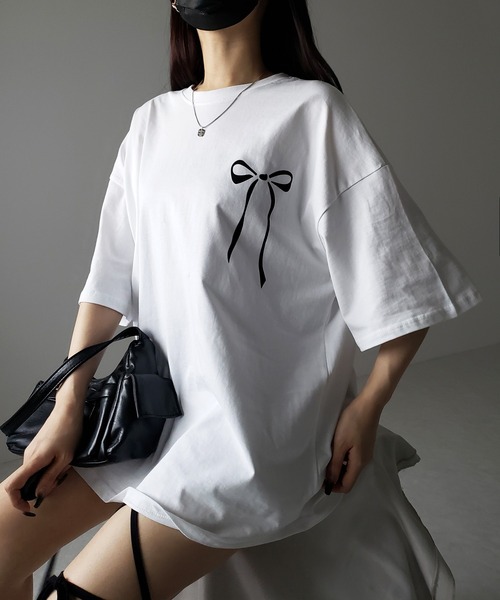 me+em select(ミームセレクト)の「※※【 3color 】半袖リボンプリントバレエコアビッグTシャツ / short sleeve ribbon print ballet core big Tee(Tシャツ/カットソー・レディース・ブラック/グレー/ホワイト・FREE)」の6枚目の写真