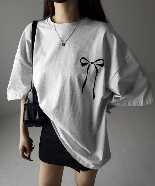 3color 】半袖リボンプリントバレエコアビッグTシャツ ／ short