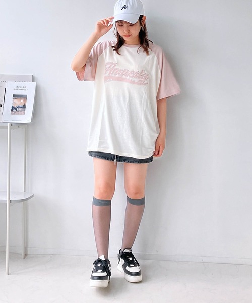 AS KNOW AS plus（アズノゥアズプラス）の「◎カレッジロゴ オーバーサイズ ラグラン半袖Tシャツ（Tシャツ/カットソー・レディース・ブラック系/ピンク系/ネイビー系/ピンク系1/ブラック系1/ネイビー系1/グリーン系1・FREE）」の22枚目の写真