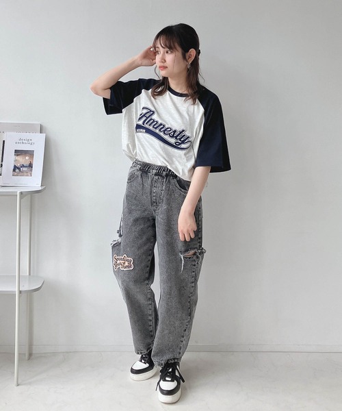 AS KNOW AS plus（アズノゥアズプラス）の「◎カレッジロゴ オーバーサイズ ラグラン半袖Tシャツ（Tシャツ/カットソー・レディース・ブラック系/ピンク系/ネイビー系/ピンク系1/ブラック系1/ネイビー系1/グリーン系1・FREE）」の17枚目の写真