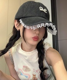 shopnikoniko（ショップニコニコ）の「キャップ リボン パール レース デニムキャップ（キャップ）」