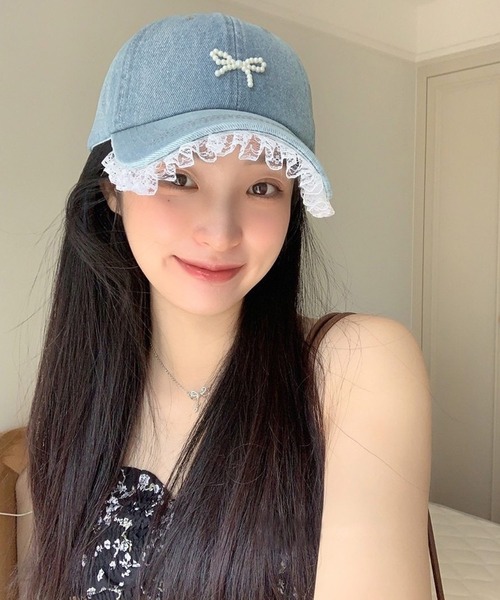shopnikoniko(ショップニコニコ)の「キャップ リボン パール レース デニムキャップ(キャップ・レディース・ライトブルー/ブラック・フリー)」の7枚目の写真