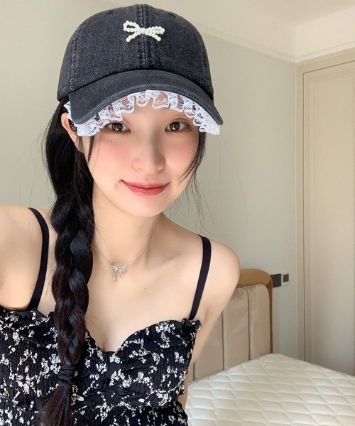shopnikoniko(ショップニコニコ)の「キャップ リボン パール レース デニムキャップ(キャップ・レディース・ライトブルー/ブラック・フリー)」の12枚目の写真