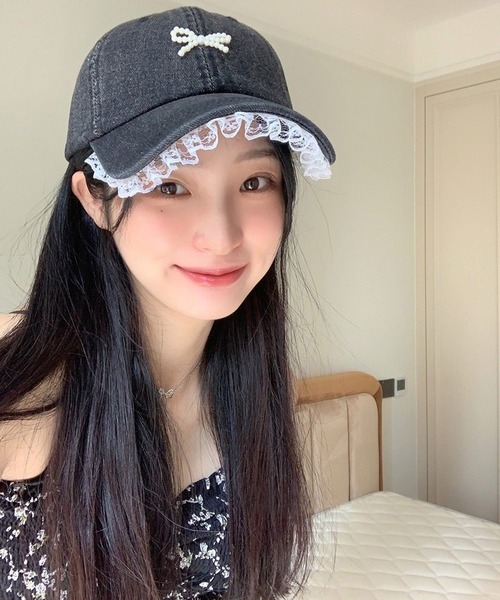 shopnikoniko(ショップニコニコ)の「キャップ リボン パール レース デニムキャップ(キャップ・レディース・ライトブルー/ブラック・フリー)」の13枚目の写真