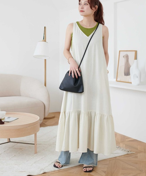 DISCOAT（ディスコート）の「レーヨンリネン深Vジャンスカ（ワンピース・レディース・ブラック/ライム/ホワイト系その他・FREE）」の2枚目の写真
