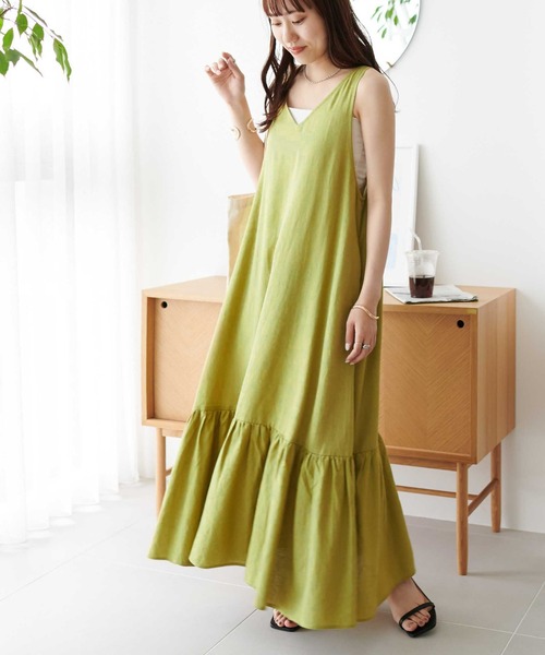 DISCOAT（ディスコート）の「レーヨンリネン深Vジャンスカ（ワンピース・レディース・ブラック/ライム/ホワイト系その他・FREE）」の3枚目の写真