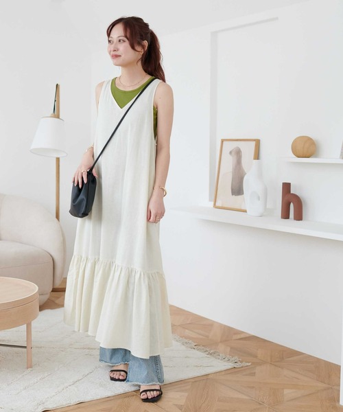 DISCOAT（ディスコート）の「レーヨンリネン深Vジャンスカ（ワンピース・レディース・ブラック/ライム/ホワイト系その他・FREE）」の4枚目の写真