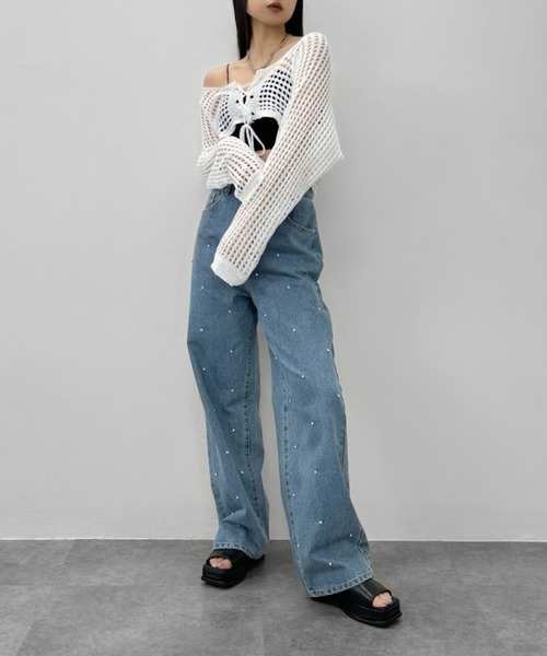 LVEU.（ラブユ.）の「【LVEU.】クロップドメッシュニットカーディガン / トップス カーディガン カーデ 羽織り メッシュ ニット クロップド ショート 長袖 レースアップ 編み上げ ブラック ホワイト カーキ ZOZOTOWN限定（カーディガン/ボレロ・レディース・ホワイト/ブラック/カーキ・FREE）」の6枚目の写真