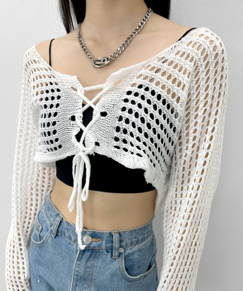 LVEU.（ラブユ.）の「【LVEU.】クロップドメッシュニットカーディガン / トップス カーディガン カーデ 羽織り メッシュ ニット クロップド ショート 長袖 レースアップ 編み上げ ブラック ホワイト カーキ ZOZOTOWN限定（カーディガン/ボレロ・レディース・ホワイト/ブラック/カーキ・FREE）」の7枚目の写真