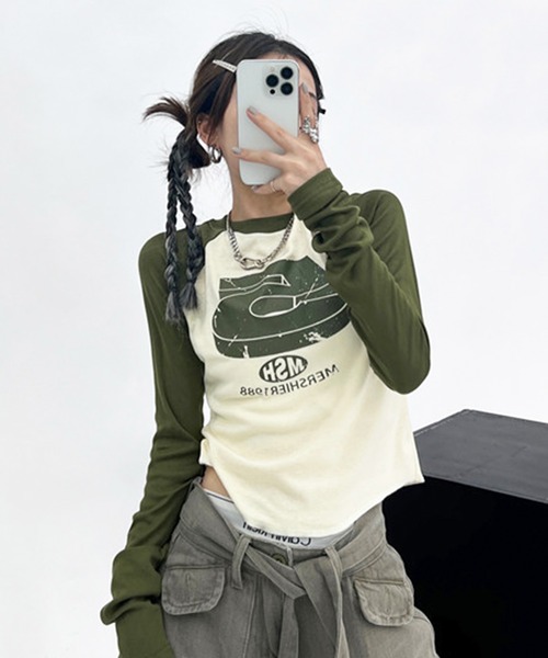 lilful(リルフル)の「ヴィンテージ プリント ラグランロンT(Tシャツ/カットソー・レディース・ネイビー/カーキ・S/M)」の5枚目の写真