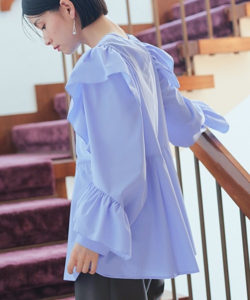 洗える ｜ フリルスリーブデザインシャツブラウス ｜ 長袖 シャツ地